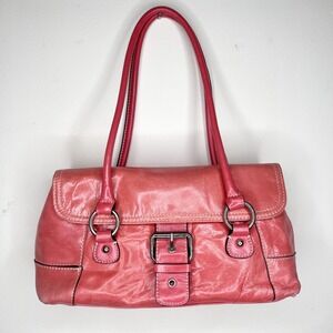 Vintage Y2K Pink Genuine Leather Shoulder Purse Baguette Hobo Bag Silver Buckle